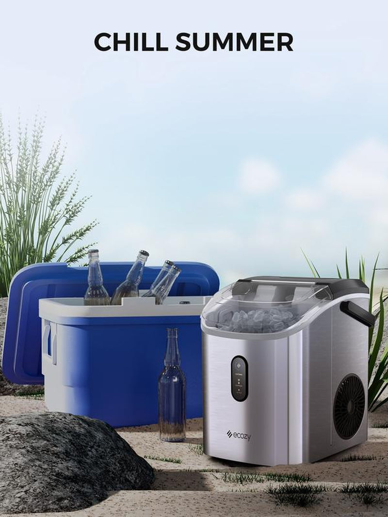 Ecozy Countertop Sonic Nugget Ice Maker,Chewable Ice Cubes,33 Lbs Daily Output,Self-Cleaning,Stainless Steel for Party/Kitchen/Bar