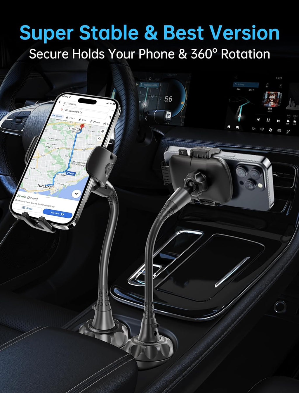 Cup Phone Holder for Car [Upgraded Adjustable Gooseneck & Firmly Stable] Car Phone Mount Cell Phone Automobile Cradles for Iphone 16 and All 4-7 Inches Smartphone(Black)