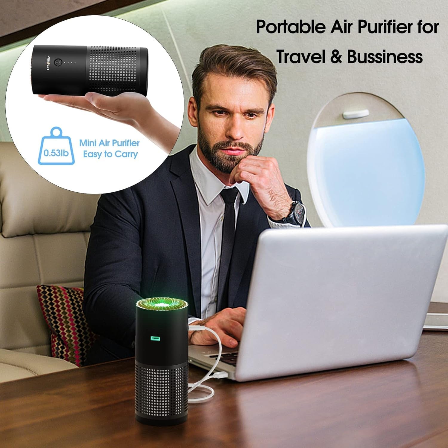 Car Air Purifier with HEPA Filter,  Mini Portable Air Purifier for Travel, Small Air Purifier for Bedroom & Office, Desktop Air Purifier with Indicator on Air Quality（Gifts for Men & Women）