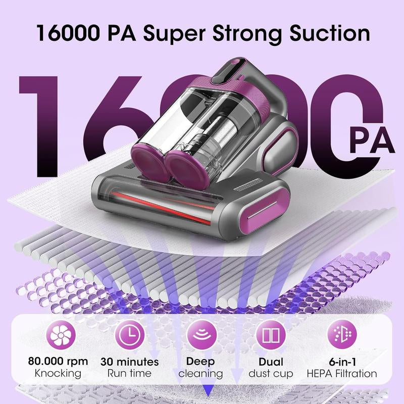 Mattress Vacuum Cleaner, 16Kpa Cordless Bed Handheld Vacuum, Vacuum Cleaner with 253.7Nm UV-C Light, HEPA Filter & Ultrasonic, Versatile Portable Vacuums for Bed, Sofa, Couch, Crib