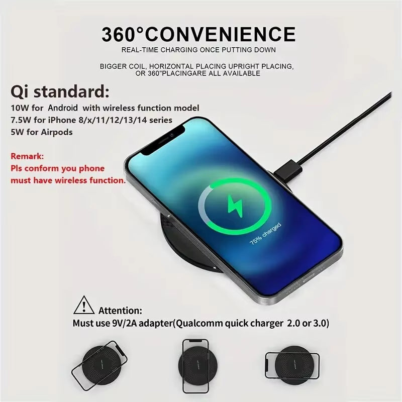 VIKEFON Wireless Charger Pad Stand Desktop Ultra-Thin Mobile Phone Fast Charging Dock Station for Iphone 14 13 12 Samsung Xiaomi