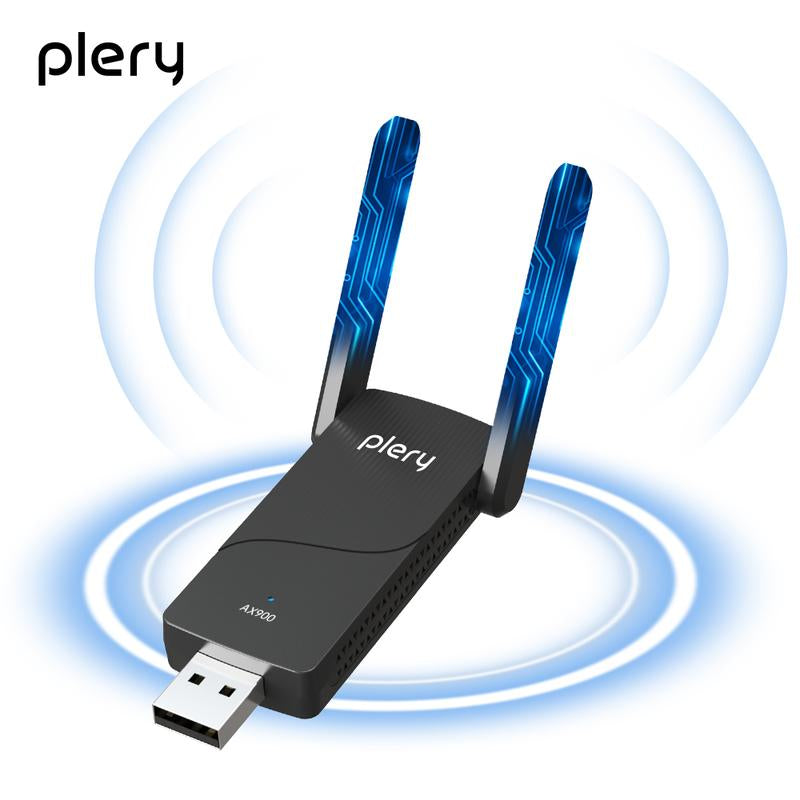 Plery Wifi 6 Adapter for PC with Bluetooth 5.3, AX900 Ultra-Fast Dual Band USB Wireless Wifi Adapter for Desktop Laptop, High Gain Antenna, WPA3 Security, Driver-Free for Windows 11/10, WPA3