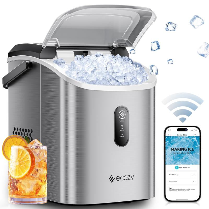 Ecozy Countertop Sonic Nugget Ice Maker,Chewable Ice Cubes,33 Lbs Daily Output,Self-Cleaning,Stainless Steel for Party/Kitchen/Bar