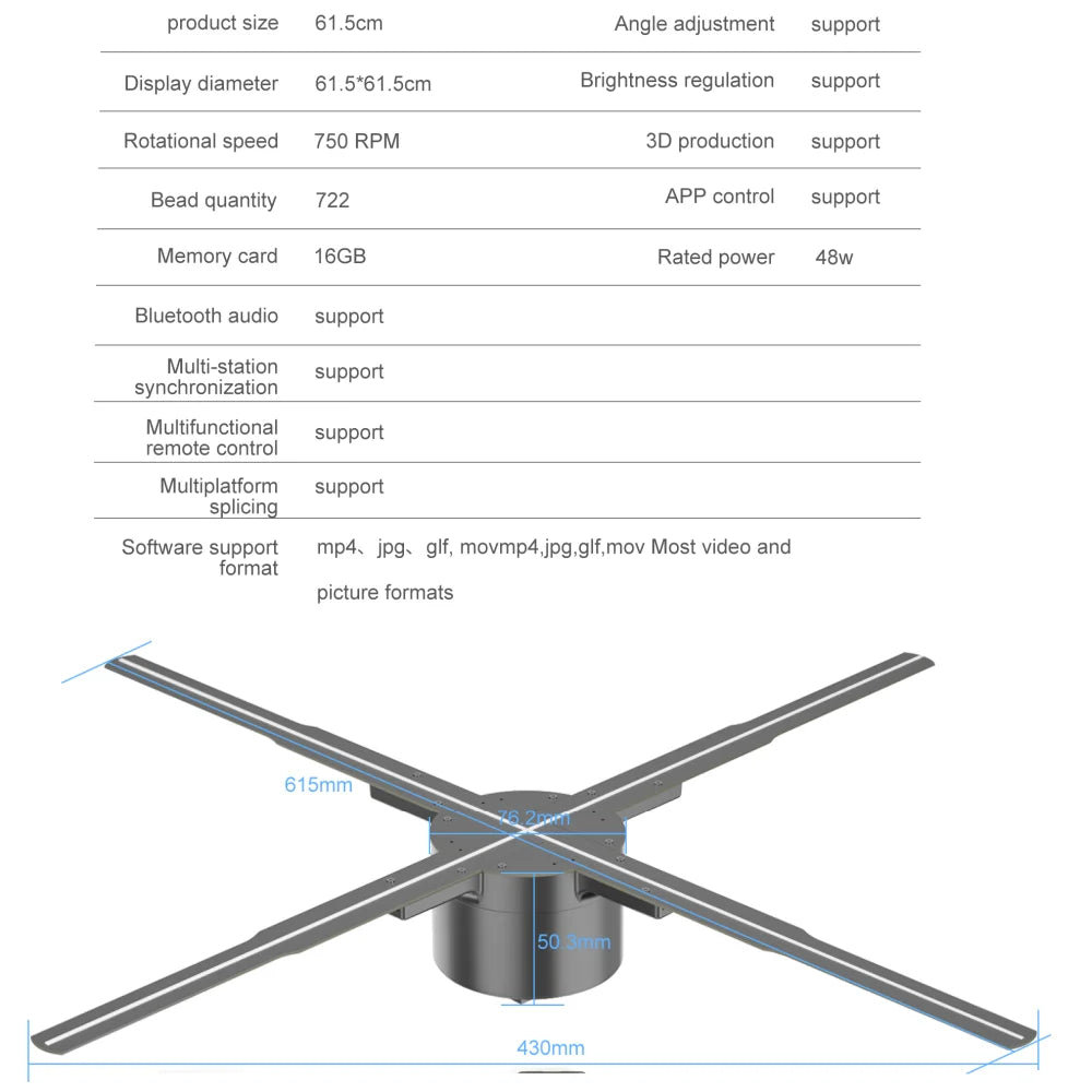 3D Hologram Projector Fan Remote Wifi Control 25-100Cm Commercial Advertise Display Hologram Projector Transmit Picture Video