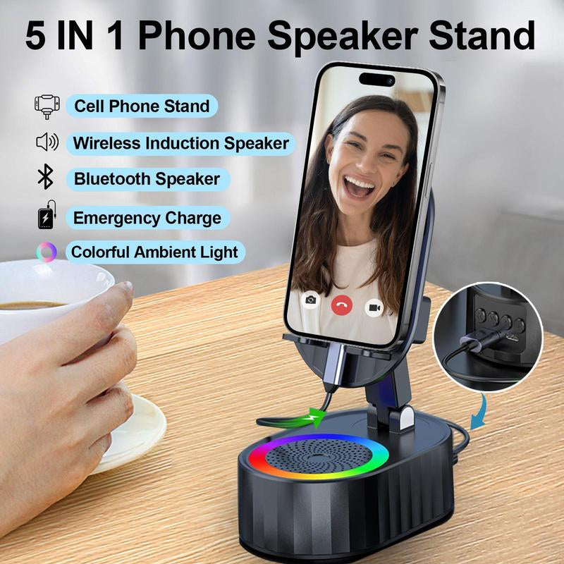 AKLLCCR Wireless Induction Audio Bluetooth Speaker 5In1 Cellphone Holder USB Emergency Rechargeable (3000Mah) Portable Power Mobile Tablet Stand with Colorful Ambient Light Gifts for Friend, Family