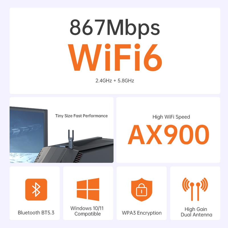 Plery Wifi 6 Adapter for PC with Bluetooth 5.3, AX900 Ultra-Fast Dual Band USB Wireless Wifi Adapter for Desktop Laptop, High Gain Antenna, WPA3 Security, Driver-Free for Windows 11/10, WPA3