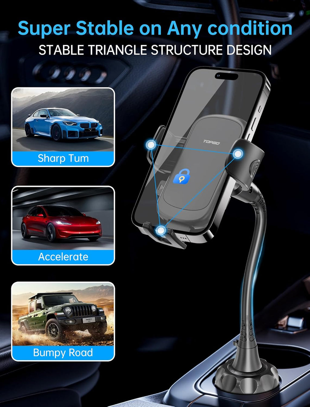 Cup Phone Holder for Car [Upgraded Adjustable Gooseneck & Firmly Stable] Car Phone Mount Cell Phone Automobile Cradles for Iphone 16 and All 4-7 Inches Smartphone(Black)