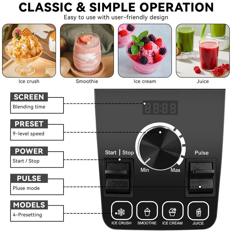 Blender for Smoothies with 65Oz Large Capacity, 1200W Powerful Motor Blenders for Kitchen, 4 Presetting & 9 Speeds, Countertop Blenders for Ice Crush, Ice Cream, Frozen Drinks, with LED Display