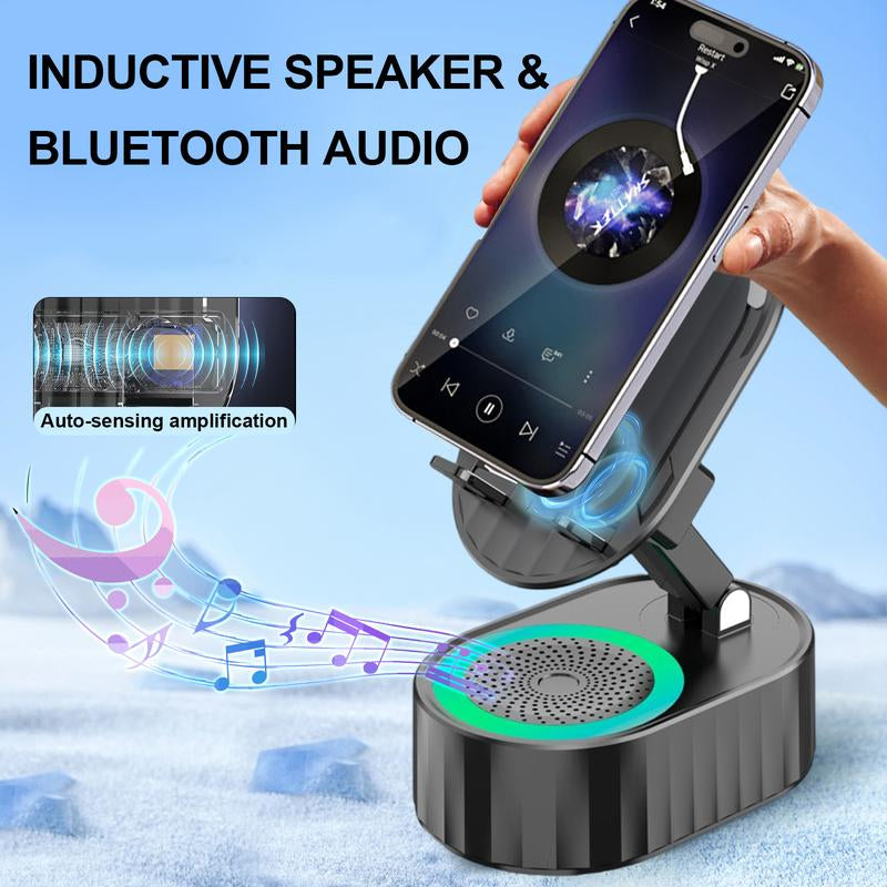 AKLLCCR Wireless Induction Audio Bluetooth Speaker 5In1 Cellphone Holder USB Emergency Rechargeable (3000Mah) Portable Power Mobile Tablet Stand with Colorful Ambient Light Gifts for Friend, Family