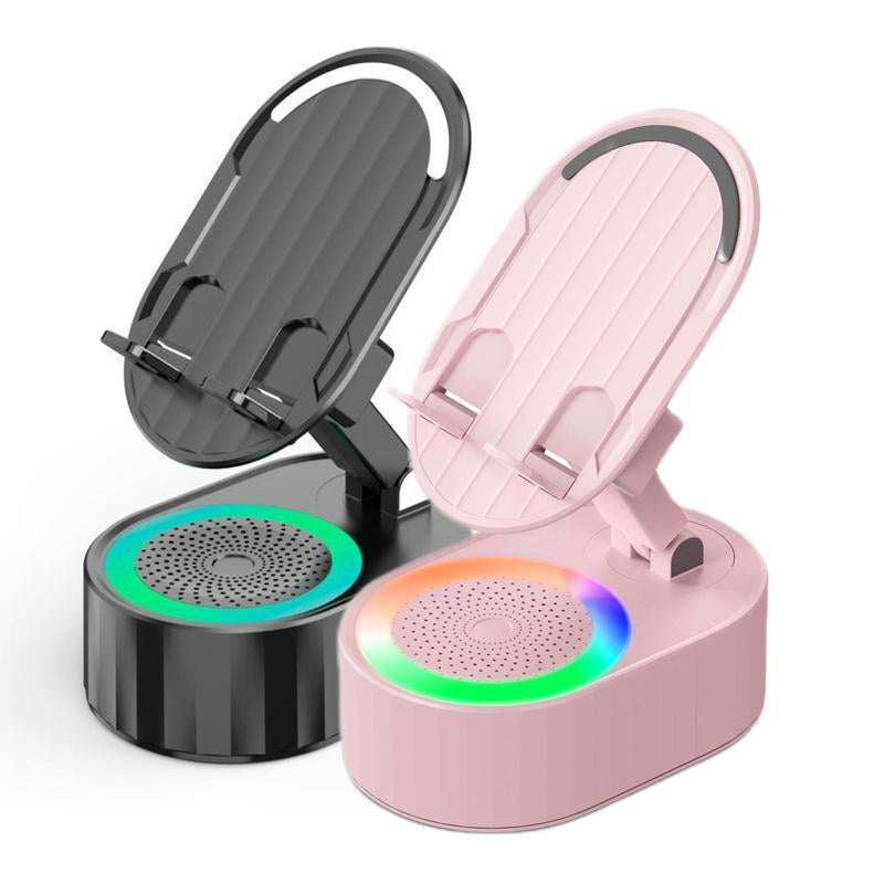 AKLLCCR Wireless Induction Audio Bluetooth Speaker 5In1 Cellphone Holder USB Emergency Rechargeable (3000Mah) Portable Power Mobile Tablet Stand with Colorful Ambient Light Gifts for Friend, Family