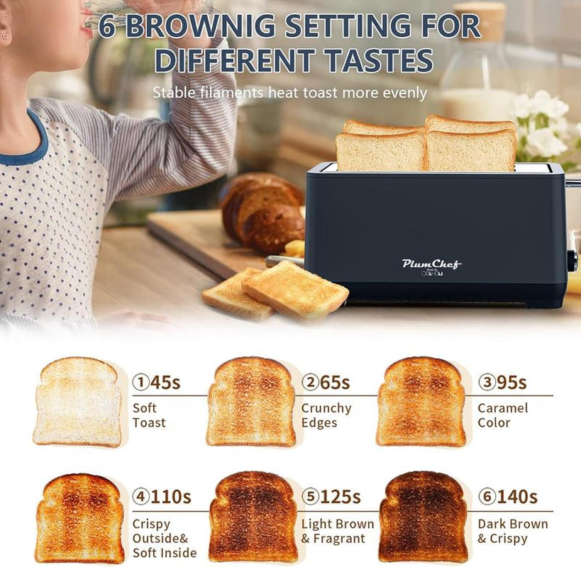 4-Slice Toaster, Extra Wide Long Slot Toaster with Warming Rack, 6 Browning Settings, Bagel/Defrost/Reheat Functions, Removable Crumb Tray, Stainless Steel Housing 1350W, Matte Blue