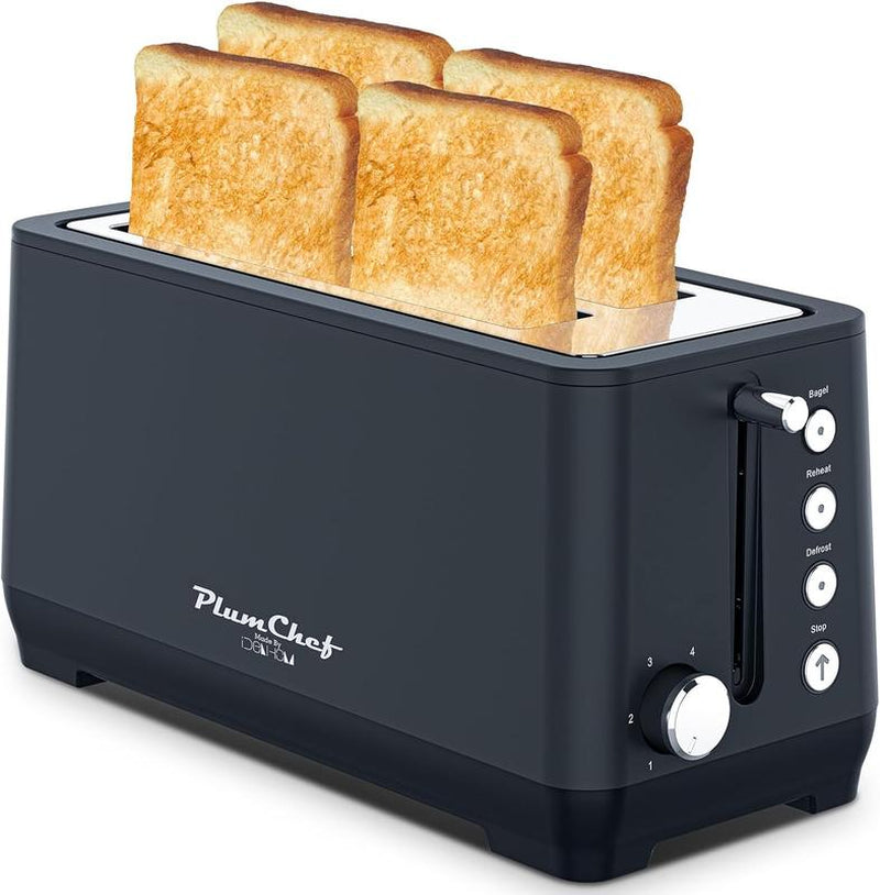 4-Slice Toaster, Extra Wide Long Slot Toaster with Warming Rack, 6 Browning Settings, Bagel/Defrost/Reheat Functions, Removable Crumb Tray, Stainless Steel Housing 1350W, Matte Blue