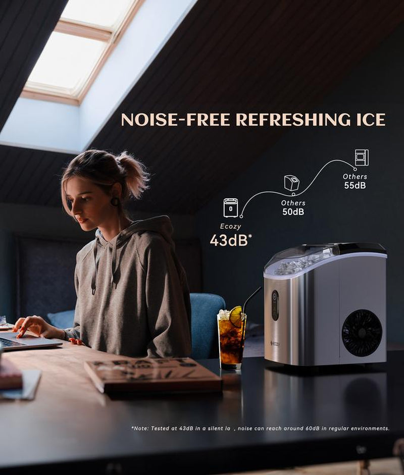 Ecozy Countertop Sonic Nugget Ice Maker,Chewable Ice Cubes,33 Lbs Daily Output,Self-Cleaning,Stainless Steel for Party/Kitchen/Bar