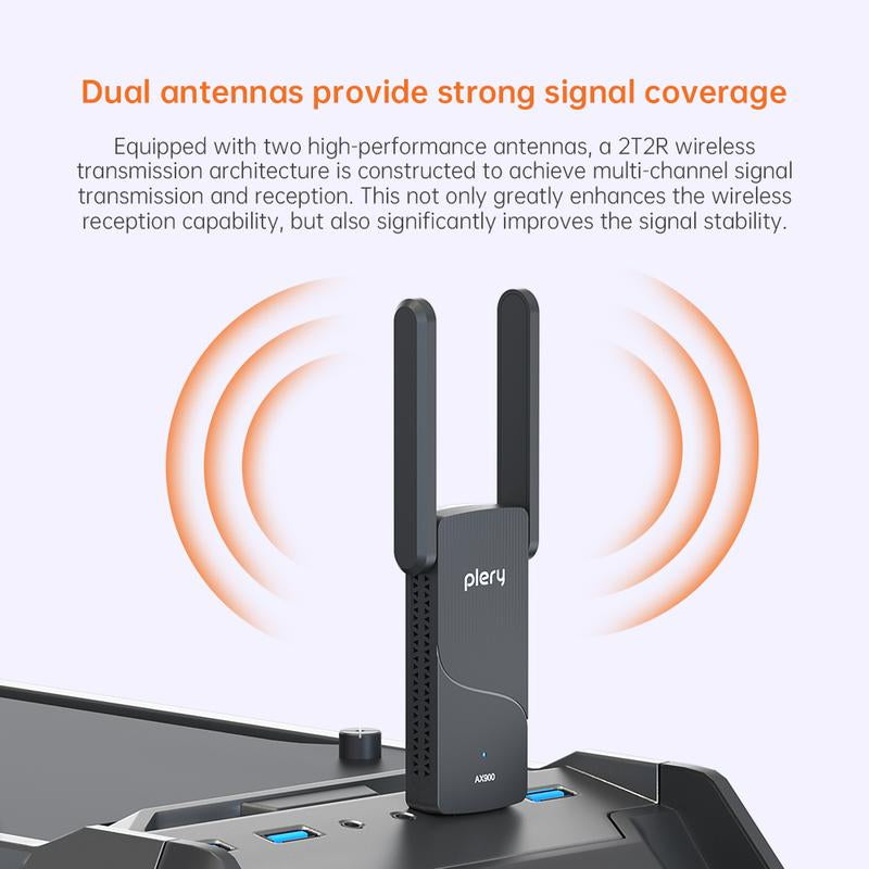 Plery Wifi 6 Adapter for PC with Bluetooth 5.3, AX900 Ultra-Fast Dual Band USB Wireless Wifi Adapter for Desktop Laptop, High Gain Antenna, WPA3 Security, Driver-Free for Windows 11/10, WPA3