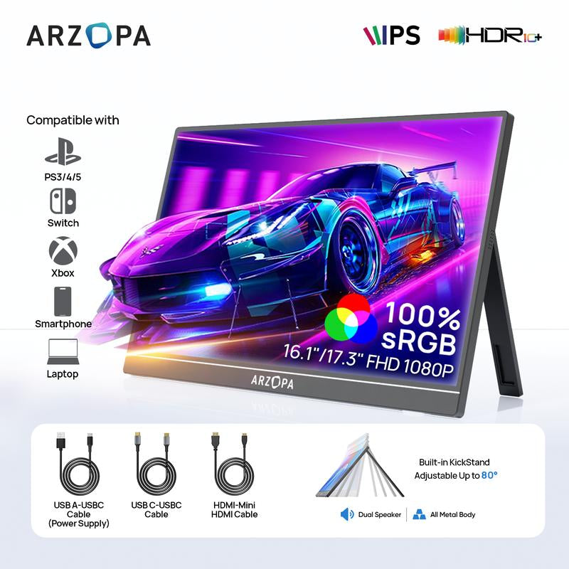 ARZOPA Portable Monitor 16.1"/17.3" FHD 1080P 60Hz/144Hz Laptop Screen Extender for PC Mac Xbox Switch PS5 Iphone IPS Display Computer Display HDR External Screen Game Workfromhome