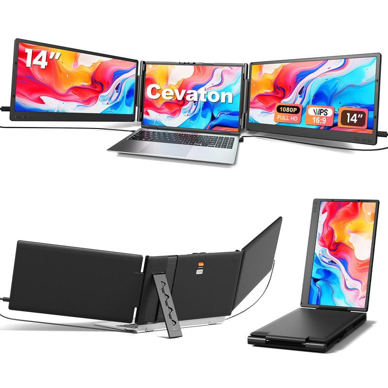 Triple Laptop Screen Extender(It'S Not a Computer), 14" FHD 1080P Portable Monitor for Laptop, Plug & Play Screen Extender, Auto Adjust Width Dual Monitor for 13" - 17" Laptops, Compatible for Macos/Wins/Chrome/Dex