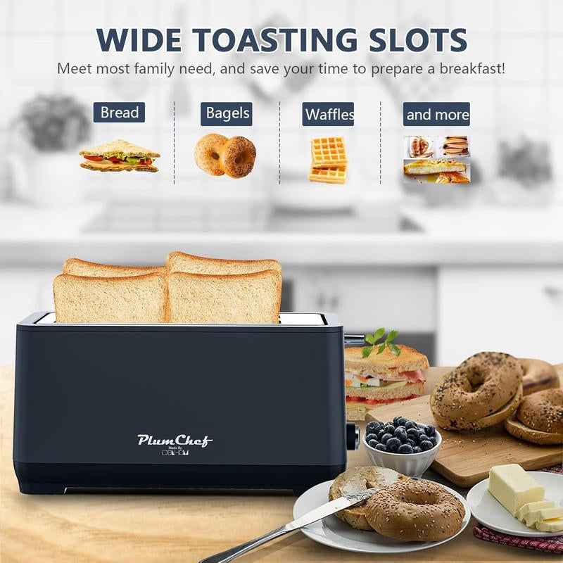 4-Slice Toaster, Extra Wide Long Slot Toaster with Warming Rack, 6 Browning Settings, Bagel/Defrost/Reheat Functions, Removable Crumb Tray, Stainless Steel Housing 1350W, Matte Blue