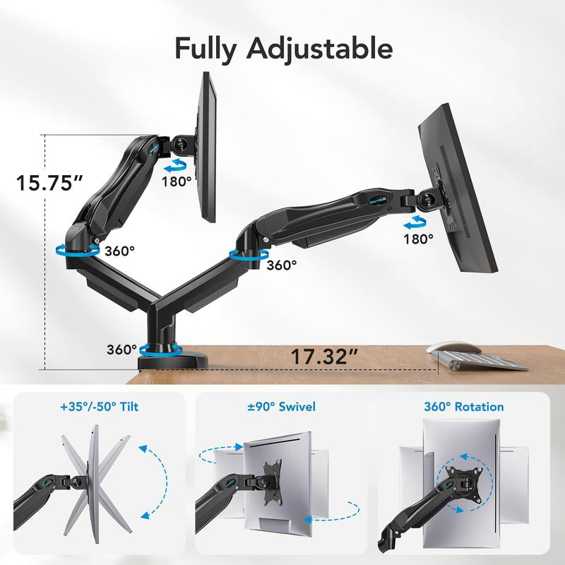 HUANUO Dual/Single Monitor Stand - Grommet Mounting Base for 13''-32'' Screens - Each Arm Holds 4.4 to 19.8Lbs-Full Adjustable Monitor Desk Mount Swivel Vesa Bracket with C Clamp