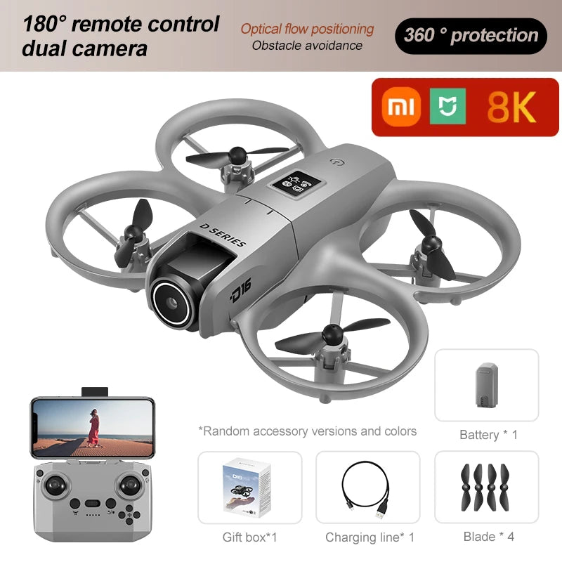 Xiaomi D16 Mini Drone with 180° Electric Adjustable 8K HD Camera WiFi Light Flow Drone Pocket Obstacle Avoidance Rc Quadcopter