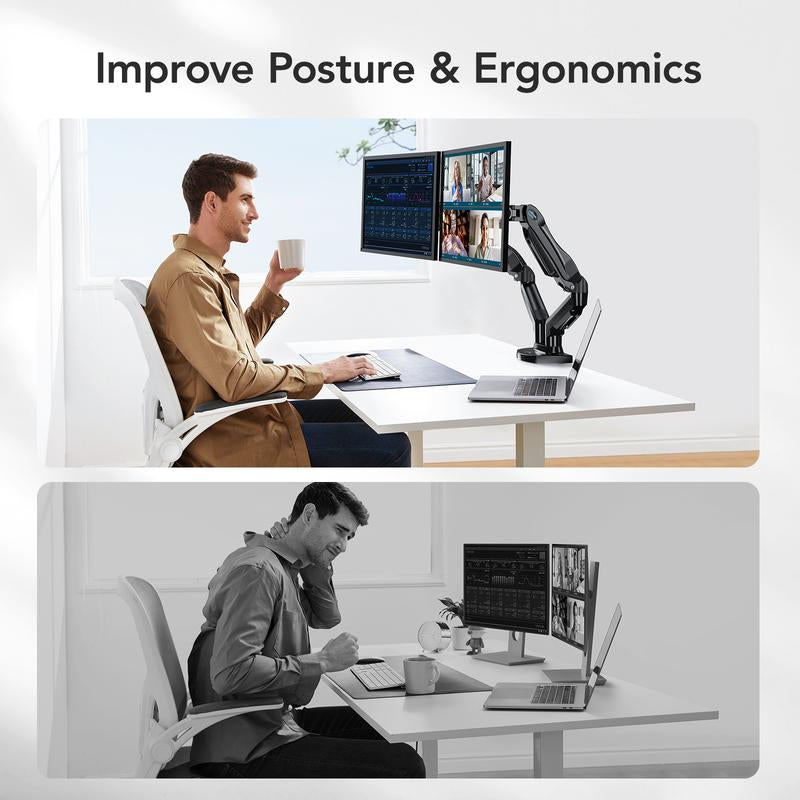 HUANUO Dual/Single Monitor Stand - Grommet Mounting Base for 13''-32'' Screens - Each Arm Holds 4.4 to 19.8Lbs-Full Adjustable Monitor Desk Mount Swivel Vesa Bracket with C Clamp