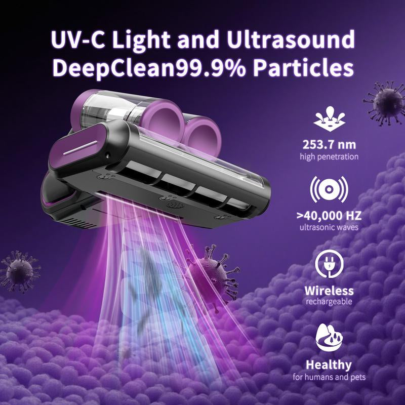 Mattress Vacuum Cleaner, 16Kpa Cordless Bed Handheld Vacuum, Vacuum Cleaner with 253.7Nm UV-C Light, HEPA Filter & Ultrasonic, Versatile Portable Vacuums for Bed, Sofa, Couch, Crib