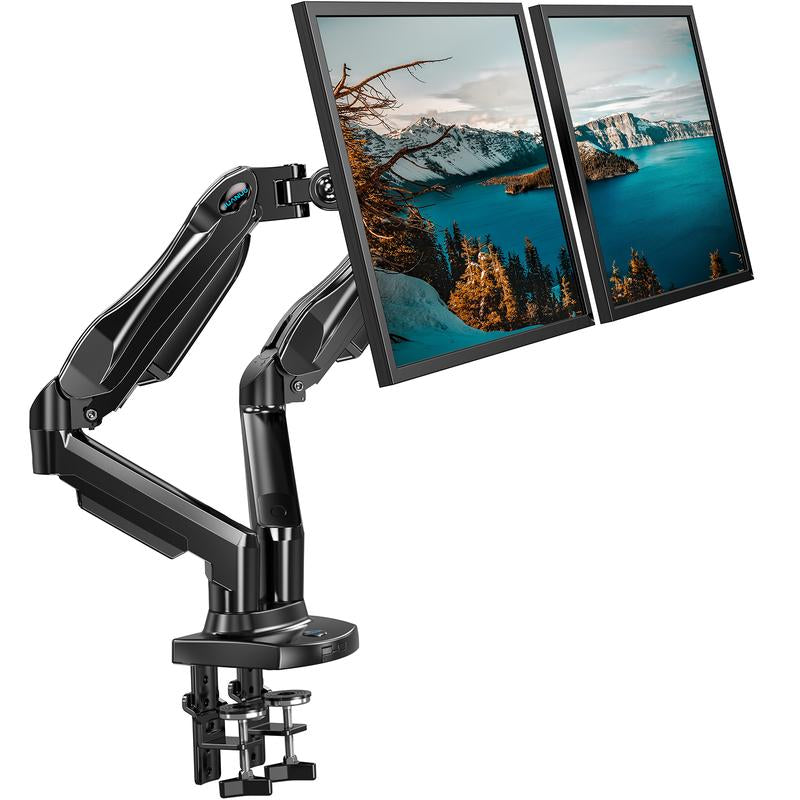 HUANUO Dual/Single Monitor Stand - Grommet Mounting Base for 13''-32'' Screens - Each Arm Holds 4.4 to 19.8Lbs-Full Adjustable Monitor Desk Mount Swivel Vesa Bracket with C Clamp