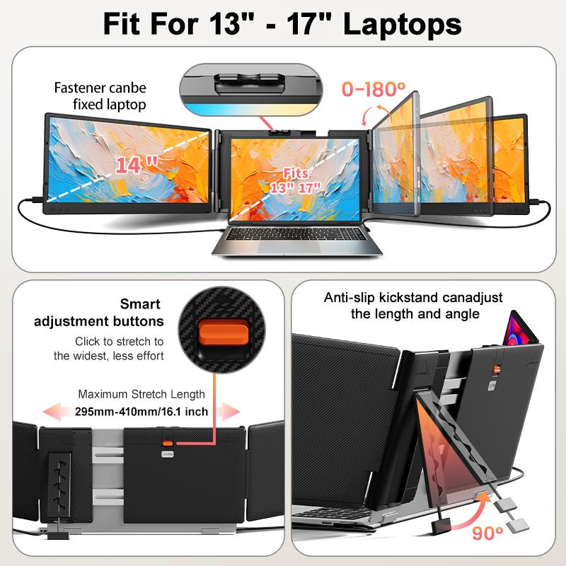 Triple Laptop Screen Extender(It'S Not a Computer), 14" FHD 1080P Portable Monitor for Laptop, Plug & Play Screen Extender, Auto Adjust Width Dual Monitor for 13" - 17" Laptops, Compatible for Macos/Wins/Chrome/Dex