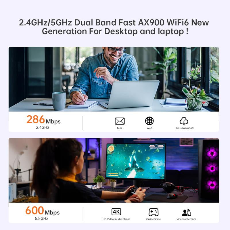 Plery Wifi 6 Adapter for PC with Bluetooth 5.3, AX900 Ultra-Fast Dual Band USB Wireless Wifi Adapter for Desktop Laptop, High Gain Antenna, WPA3 Security, Driver-Free for Windows 11/10, WPA3