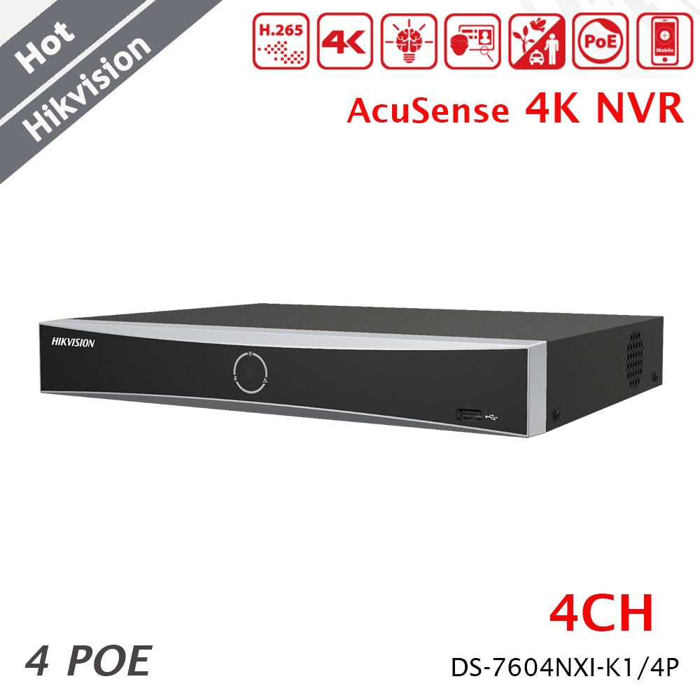 Hikvision 4Ch NVR 4 PoE 1U AcuSense 4K NVR Recorder Facial Recognition